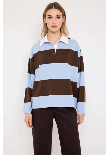 Kadın Polo Yaka Düşük Kol Oversize Çizgili Örme Üst Fonksiyonel Dayanıklı Kaliteli Estetik modelleri