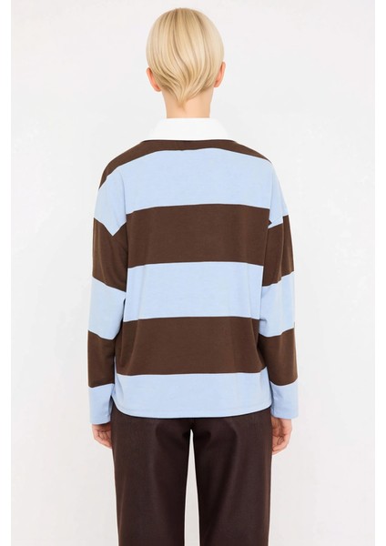 Kadın Polo Yaka Düşük Kol Oversize Çizgili Örme Üst Fonksiyonel Dayanıklı Kaliteli Estetik fırsatları