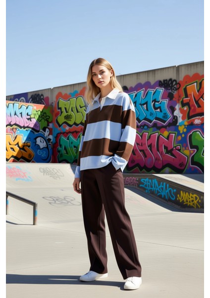 Kadın Polo Yaka Düşük Kol Oversize Çizgili Örme Üst Fonksiyonel Dayanıklı Kaliteli Estetik indirimleri