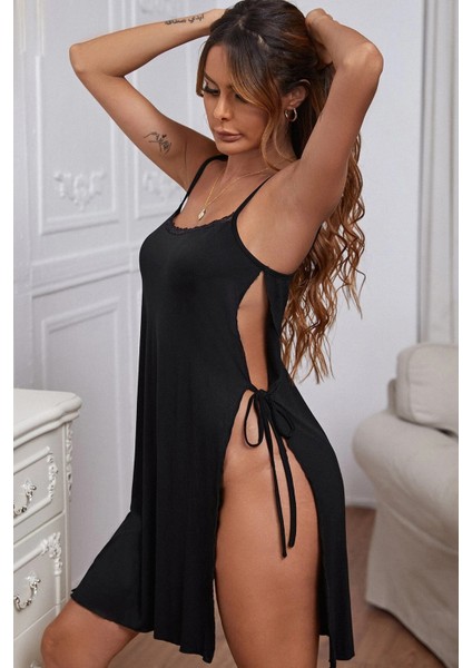 Kadın Siyah Cut Out Detaylı Yırtmaçlı Sexy Gecelik fiyatları