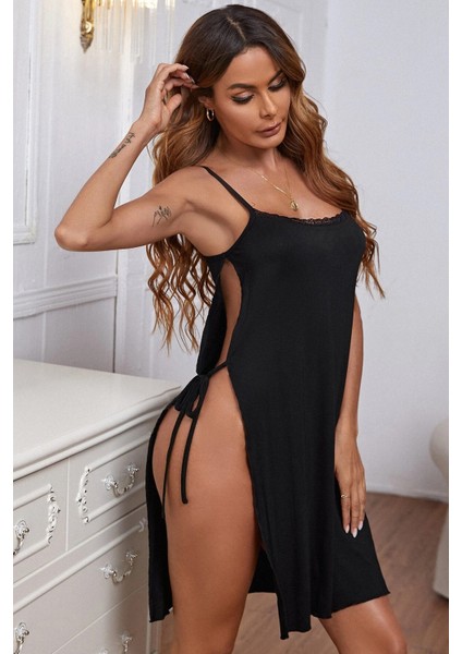 Kadın Siyah Cut Out Detaylı Yırtmaçlı Sexy Gecelik modelleri