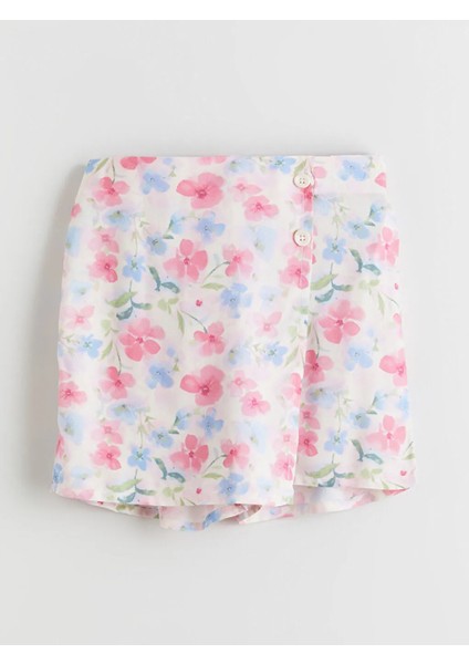 Lcw Kids Ekru Beli Lastikli Çiçekli Kız Çocuk Şort Etek