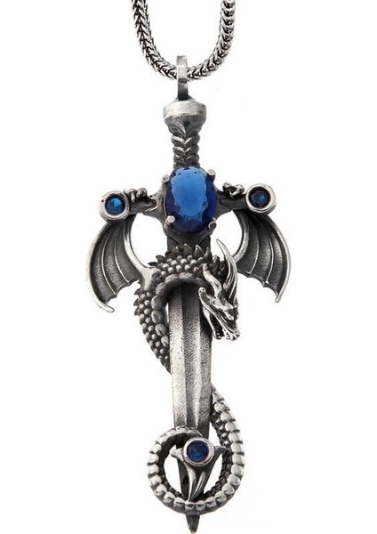 Gümüş Safir Taşlı Ejderha Erkek Kılıç Kolye