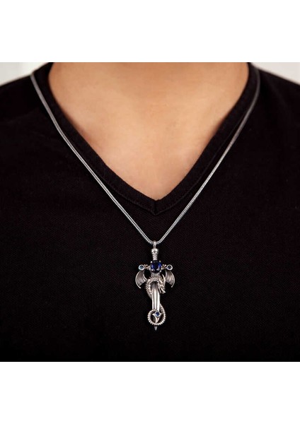 Gümüş Safir Taşlı Ejderha Erkek Kılıç Kolye fiyatları
