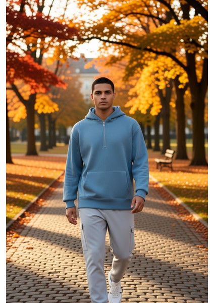 Erkek Kapüşonlu Fermuarlı Düşük Kol Uzun Kollu Kalıp Sweatshirt Fonksiyonel Dayanıklı Spor