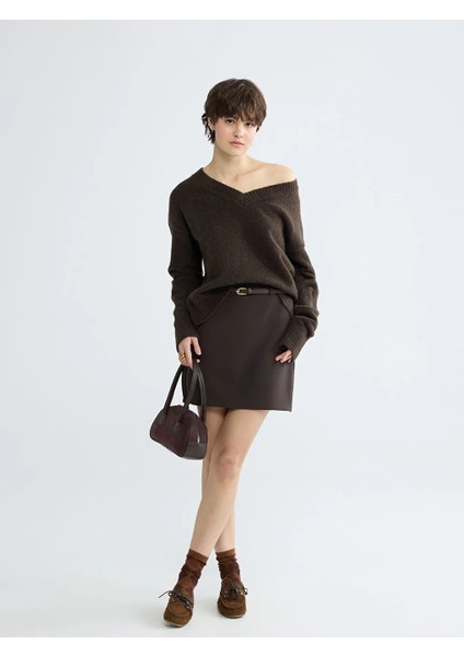 Xsıde Kahverengi Beli Kemerli Mini Etek