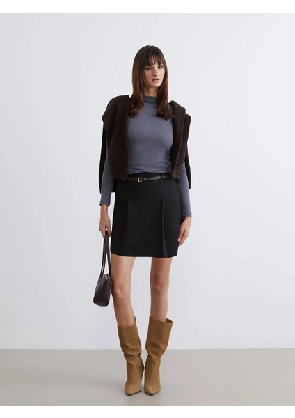 Lcw Vision Kahverengi Beli Kemerli Pileli Mini Şort Etek