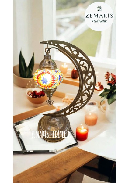 El Yapımı Otantik Mozaik Hilal Masa Lambası Abajur