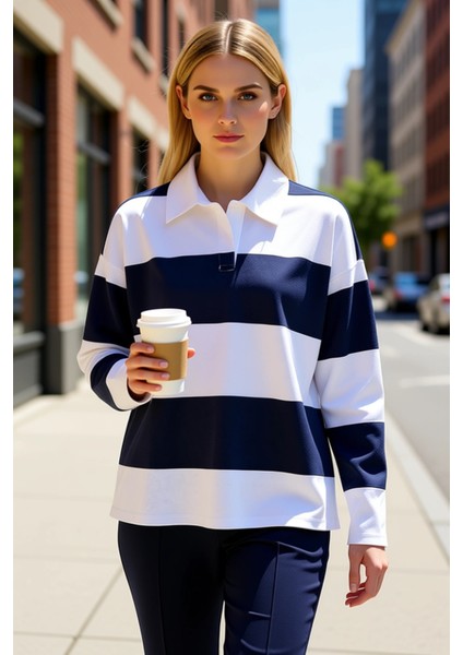 Kadın Polo Yaka Düşük Kol Oversize Çizgili Örme Üst Fonksiyonel Dayanıklı Kaliteli Estetik fiyatları