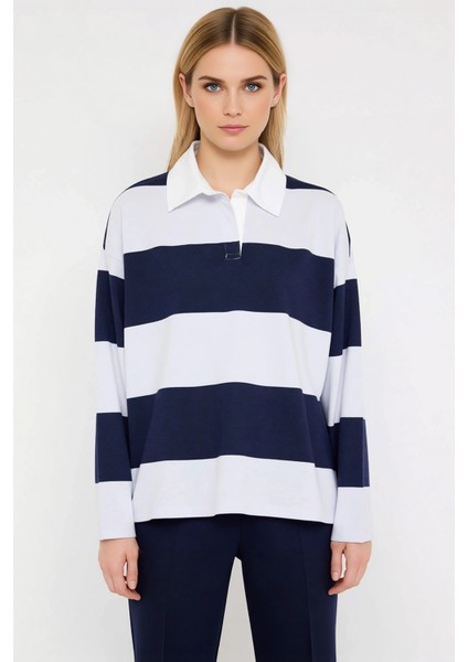 Kadın Polo Yaka Düşük Kol Oversize Çizgili Örme Üst Fonksiyonel Dayanıklı Kaliteli Estetik modelleri