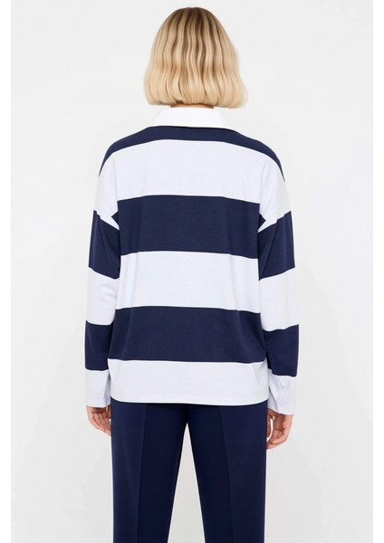 Kadın Polo Yaka Düşük Kol Oversize Çizgili Örme Üst Fonksiyonel Dayanıklı Kaliteli Estetik fırsatları