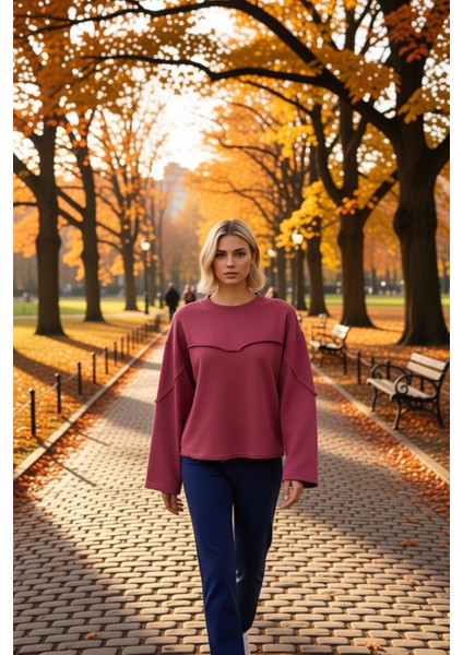 Kadın Bisiklet Yaka Düşük Kol Uzun Kollu Relaxed Örme Sweatshirt Fonksiyonel Dayanıklı Şık