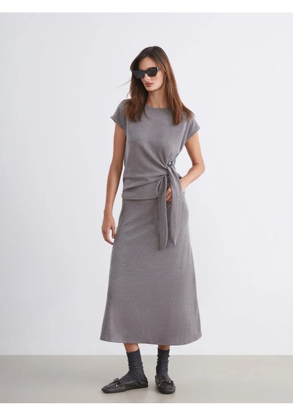 Soulife Gri Beli Lastikli Midi Etek