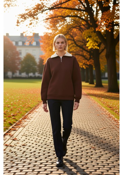 Kadın Dik Yaka Düşük Kol Fermuarlı Geniş Kalıp Sweatshirt Fonksiyonel Dayanıklı Kaliteli Şık