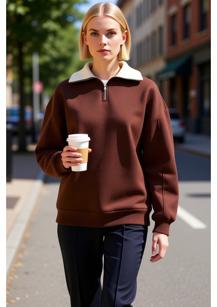 Kadın Dik Yaka Düşük Kol Fermuarlı Geniş Kalıp Sweatshirt Fonksiyonel Dayanıklı Kaliteli Şık fiyatları