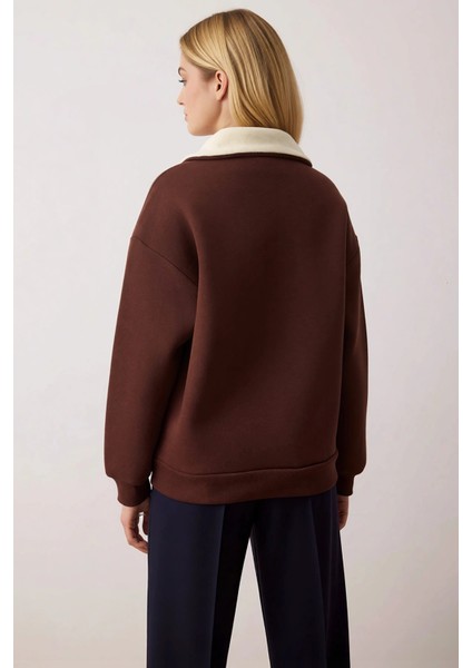 Kadın Dik Yaka Düşük Kol Fermuarlı Geniş Kalıp Sweatshirt Fonksiyonel Dayanıklı Kaliteli Şık fırsatları