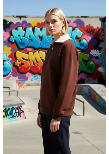 Kadın Dik Yaka Düşük Kol Fermuarlı Geniş Kalıp Sweatshirt Fonksiyonel Dayanıklı Kaliteli Şık indirimleri