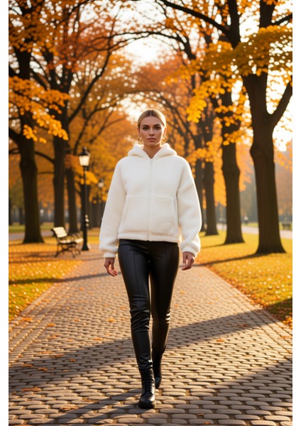 Kadın Kapüşonlu Düşük Kol Fermuarlı Peluş Kalın Örme Sweatshirt Fonksiyonel Dayanıklı Spor