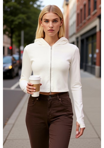 Kadın Kapüşonlu Standart Kol Fermuarlı Örme Sweatshirt Fonksiyonel Dayanıklı Kaliteli Spor fiyatları