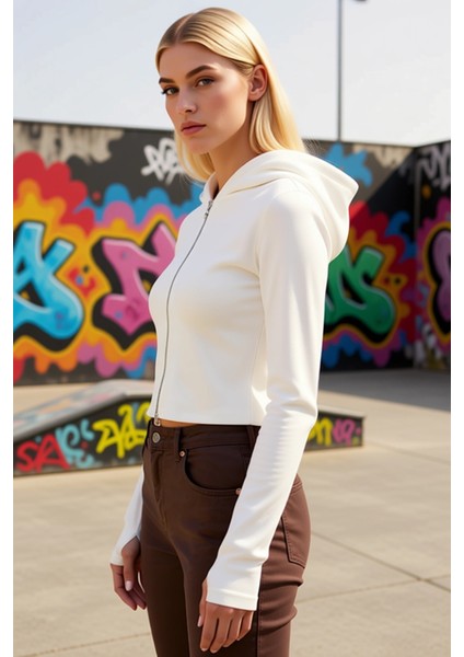 Kadın Kapüşonlu Standart Kol Fermuarlı Örme Sweatshirt Fonksiyonel Dayanıklı Kaliteli Spor indirimleri