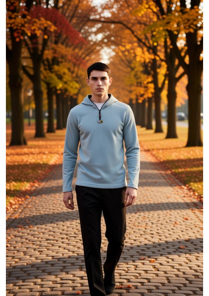 Erkek Kapüşonlu Standart Kol Polar Fermuarlı Sweatshirt Fonksiyonel Dayanıklı Kaliteli Şık