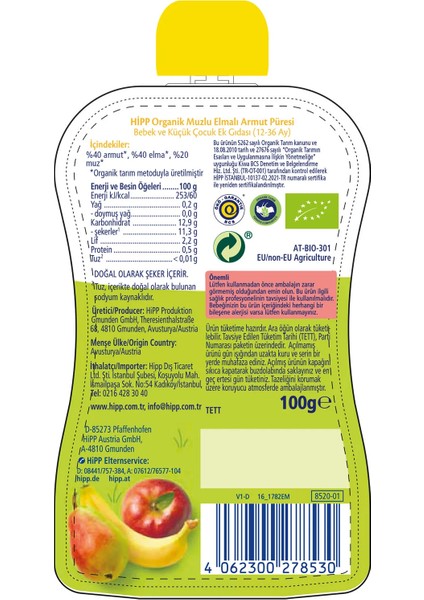 Organik Muzlu Elmalı Armutlu Meyve Püresi 100 gr fiyatları