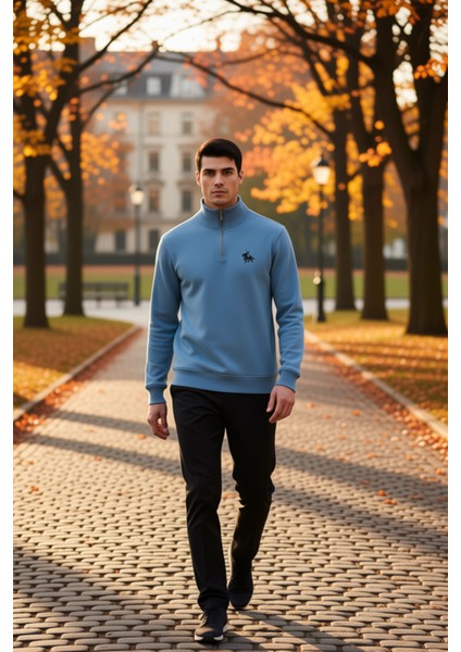 Erkek Dik Yaka Fermuarlı Standart Kol Regular Kalıp Sweatshirt Fonksiyonel Dayanıklı Rahat