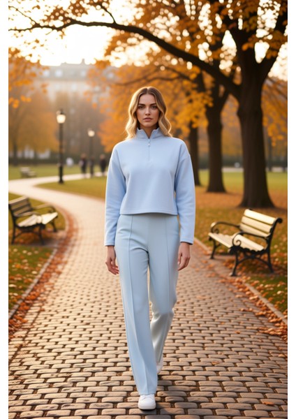 Kadın Dik Yaka Düşük Kol Fermuarlı Regular Kalıp Örme Sweatshirt Fonksiyonel Dayanıklı Şık