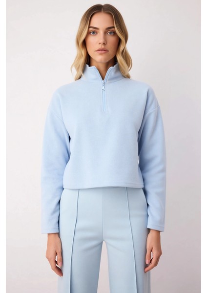 Kadın Dik Yaka Düşük Kol Fermuarlı Regular Kalıp Örme Sweatshirt Fonksiyonel Dayanıklı Şık modelleri