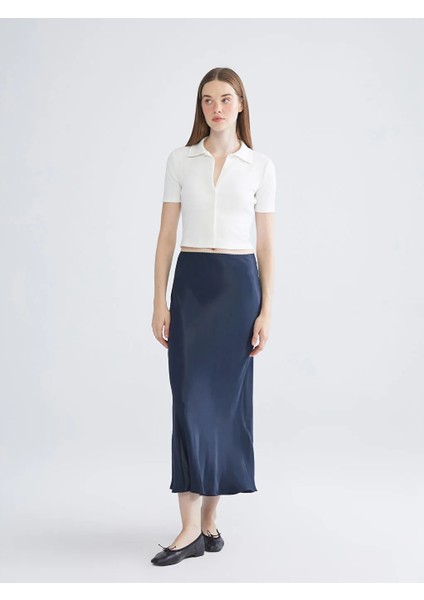 Xsıde Lacivert Beli Lastikli Volanlı Saten Etek