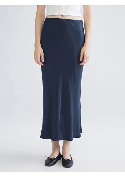 Xsıde Lacivert Beli Lastikli Volanlı Saten Etek fiyatları