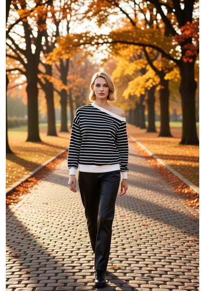 Kadın Asimetrik Yaka Düşük Kol Çizgili Ince Örme Sweatshirt Fonksiyonel Dayanıklı Kaliteli