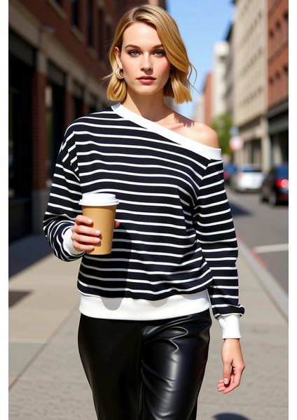 Kadın Asimetrik Yaka Düşük Kol Çizgili Ince Örme Sweatshirt Fonksiyonel Dayanıklı Kaliteli fiyatları