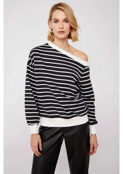 Kadın Asimetrik Yaka Düşük Kol Çizgili Ince Örme Sweatshirt Fonksiyonel Dayanıklı Kaliteli modelleri