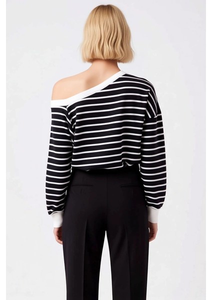 Kadın Asimetrik Yaka Düşük Kol Çizgili Ince Örme Sweatshirt Fonksiyonel Dayanıklı Kaliteli fırsatları