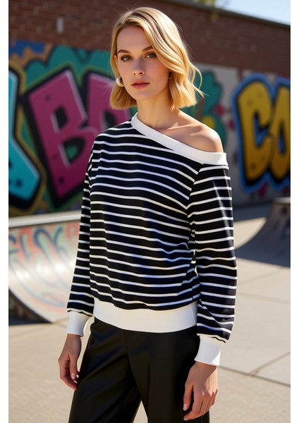 Kadın Asimetrik Yaka Düşük Kol Çizgili Ince Örme Sweatshirt Fonksiyonel Dayanıklı Kaliteli indirimleri