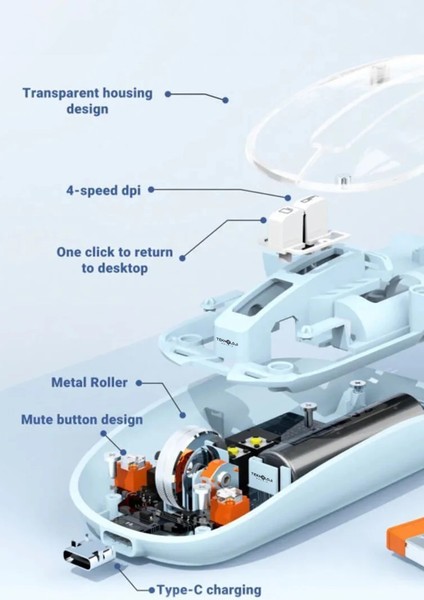 Bluetooth USB Çift Modlu Sessiz Mouse, Şeffaf Mıknatıslı Kapaklı, Type-C Şarjlı, Dpı Ayarlı, Kablosuz 10M Çekim Mesafeli, Masaüstü Kısayol Tuşlu, Taşınabilir Şarjlı Mouse Siyah ( Lisinya )