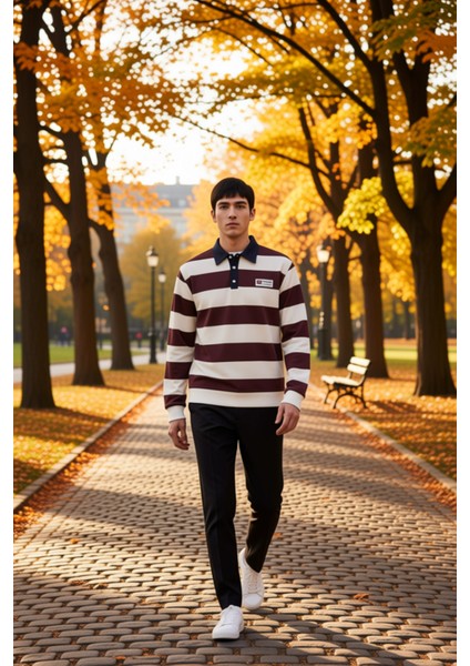 Erkek Polo Yaka Standart Kol Çizgili Sweatshirt Fonksiyonel Dayanıklı Kaliteli Konforlu Şık