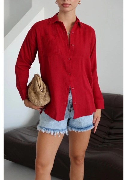 Tek Cepli Müslin Gömlek Bordo
