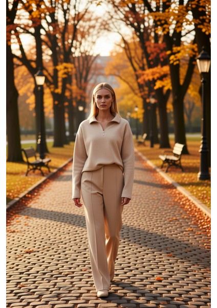 Kadın Dik Yaka Düşük Kol Fermuarlı Regular Kalıp Örme Sweatshirt Fonksiyonel Dayanıklı Şık