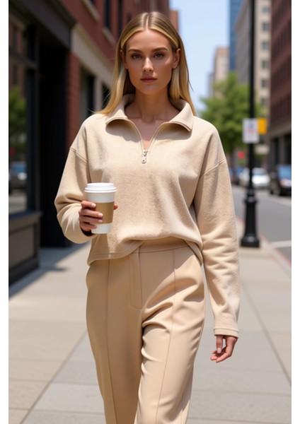 Kadın Dik Yaka Düşük Kol Fermuarlı Regular Kalıp Örme Sweatshirt Fonksiyonel Dayanıklı Şık fiyatları