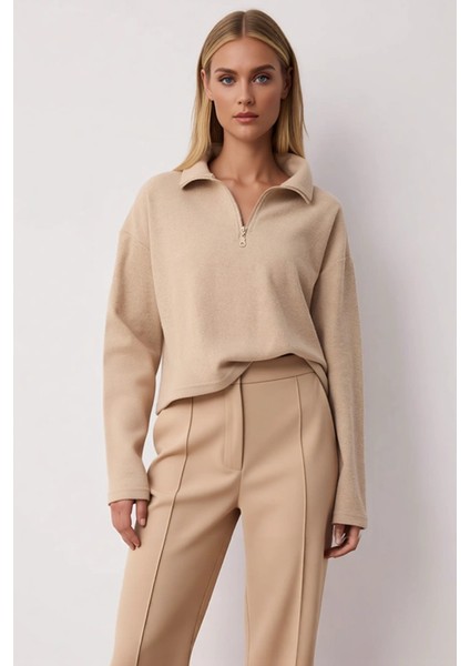 Kadın Dik Yaka Düşük Kol Fermuarlı Regular Kalıp Örme Sweatshirt Fonksiyonel Dayanıklı Şık modelleri