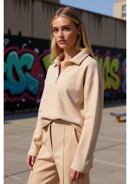 Kadın Dik Yaka Düşük Kol Fermuarlı Regular Kalıp Örme Sweatshirt Fonksiyonel Dayanıklı Şık indirimleri