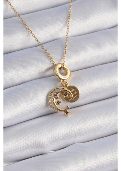 316L Çelik Gold Renk Zirkon Taşlı Ay Yıldız Model Charm Model Kadın Kolye - Lisinya