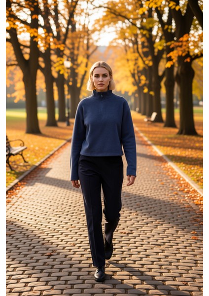 Kadın Dik Yaka Düşük Kol Fermuarlı Regular Kalıp Örme Sweatshirt Fonksiyonel Dayanıklı Şık