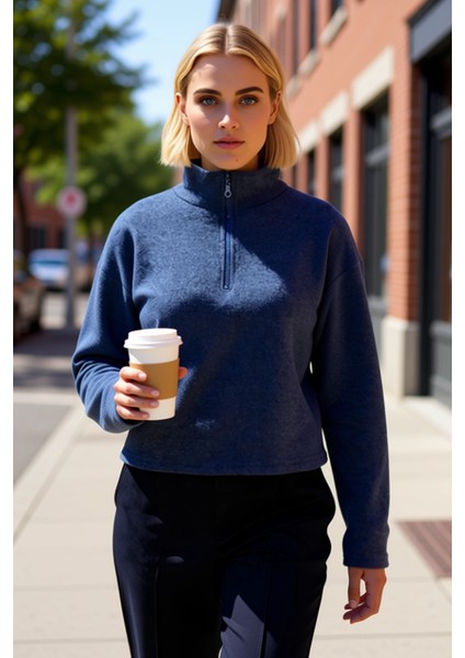 Kadın Dik Yaka Düşük Kol Fermuarlı Regular Kalıp Örme Sweatshirt Fonksiyonel Dayanıklı Şık fiyatları