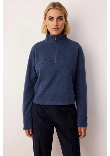 Kadın Dik Yaka Düşük Kol Fermuarlı Regular Kalıp Örme Sweatshirt Fonksiyonel Dayanıklı Şık modelleri