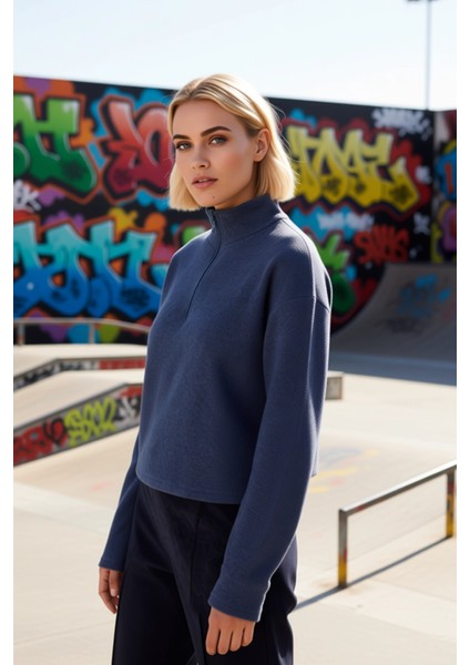 Kadın Dik Yaka Düşük Kol Fermuarlı Regular Kalıp Örme Sweatshirt Fonksiyonel Dayanıklı Şık indirimleri