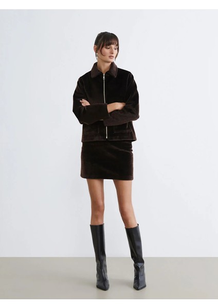 Soulife Kahverengi Beli Fermuarlı Mini Kürk Etek