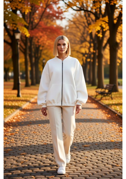 Kadın Bisiklet Yaka Düşük Kol Fermuarlı Oversize Kalın Örme Sweatshirt Fonksiyonel Estetik